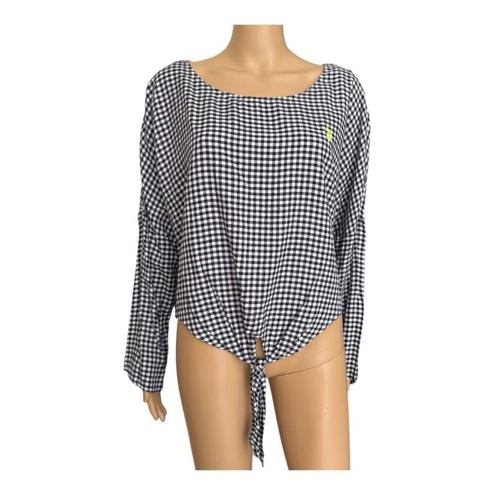 U.S. Polo Assn. Long Sleeve Blouse gingham blue/white front tie size XL NWT